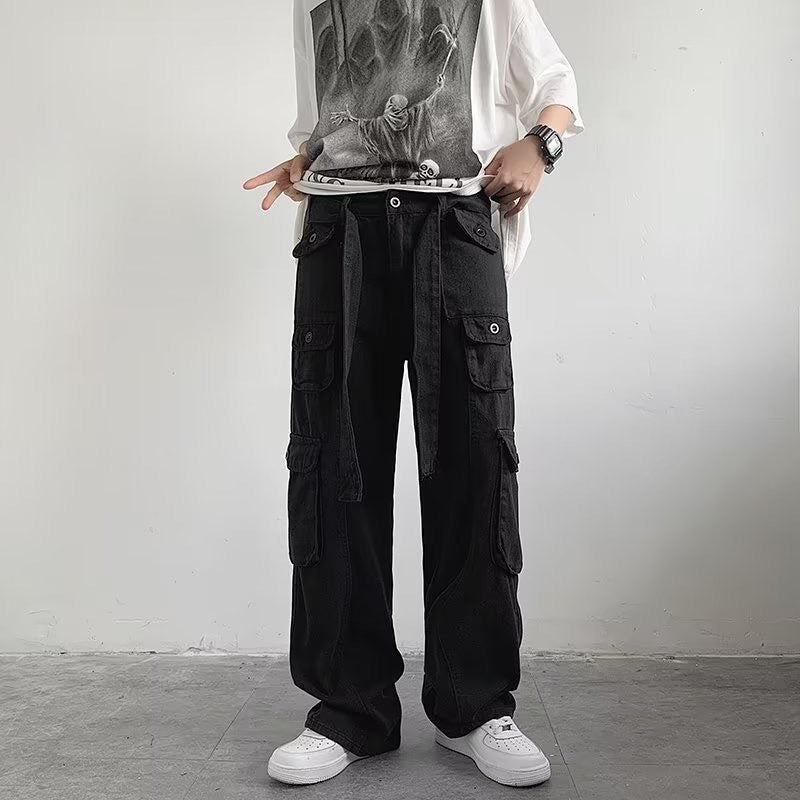 90s fashion men Multi-Pocket Overalls Men's Original American High Street Retro Hip Hop Ruan Handsome Japanese Straight Casual Pants Fashion