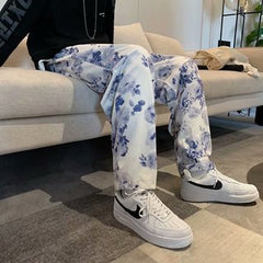 starboy outfit Rendering White Casual Pants Men's Autumn Thin Floral Hip Hop Trousers Hip Hop Couple Loose Straight Wide Leg Pants