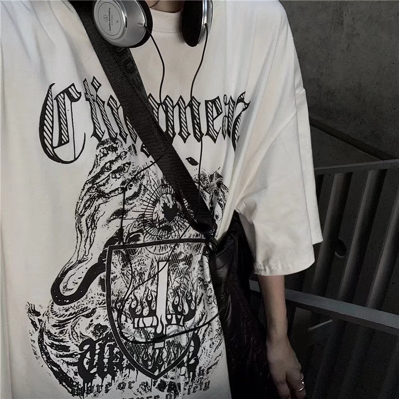 90s streetwear INS Dark Street Hip Hop Personality All-Match Loose round Neck Short Sleeve T-shirt Dark