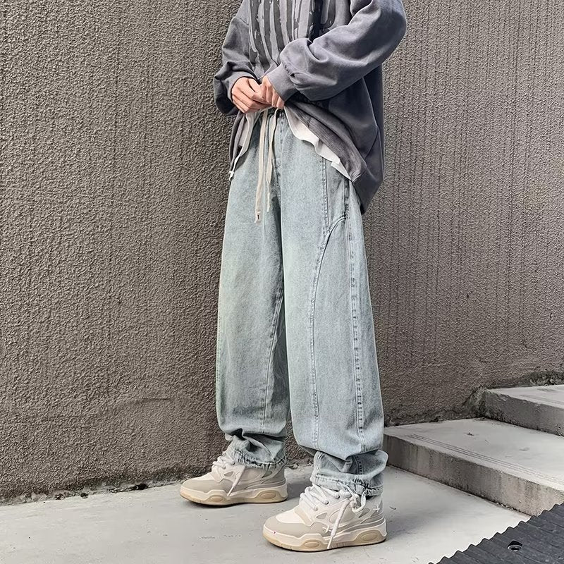 90s streetwear Straight Jeans Men's Spring and Autumn Japanese Men's Washed Blue Loose Wide-Leg Casual Ankle-Tied Pants Men's