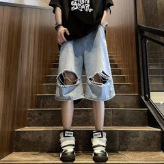 skater boy outfits Summer Fashion Brand Thin Knee Ripped Jeans Men's American-Style Loose Straight Wide-Leg Pants Trendy Shorts