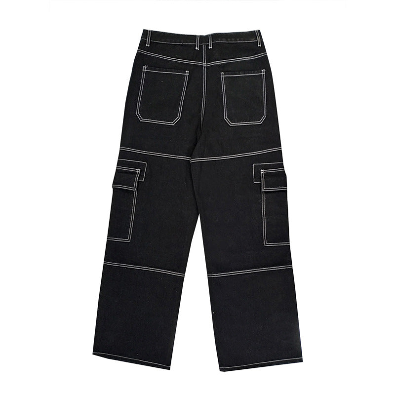 90s fashion men Denim Workwear Pocket Pants Men's Summer Straight Loose American High Street Versatile Casual Trousers