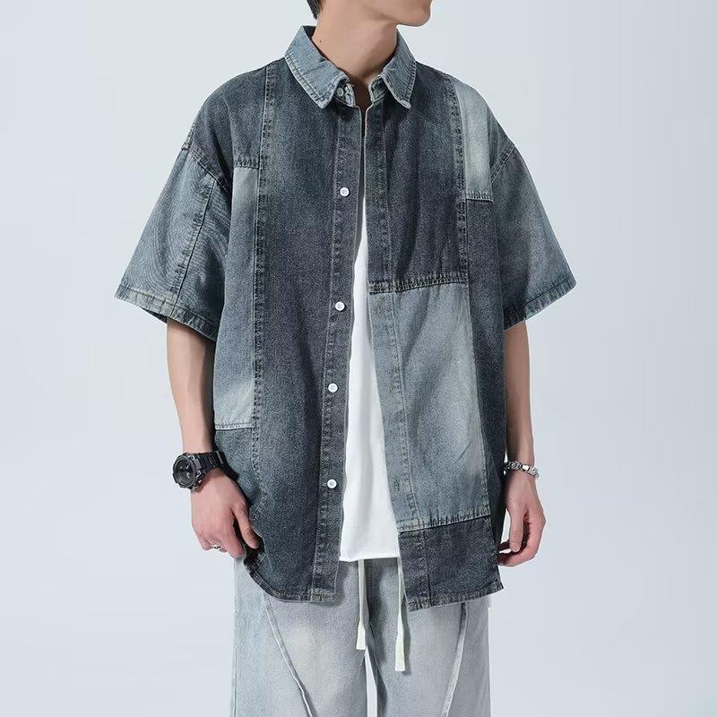 90s fashion men American-Style Retro Niche Stitching Denim Short-Sleeved Shirt Men's Shirt Junior Shirt Coat Women's Fashion