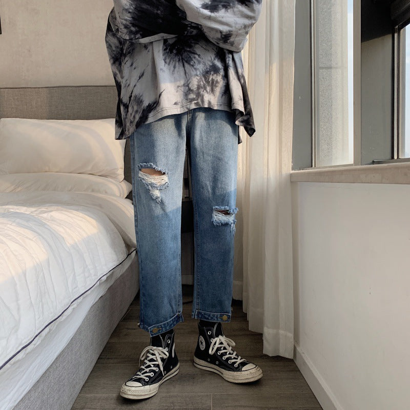 90s fashion men 2024 Black Ripped Jeans Men's Summer Thin Korean Style Trendy Cropped Pants Hong Kong Style Ruffle Handsome Retro Pants