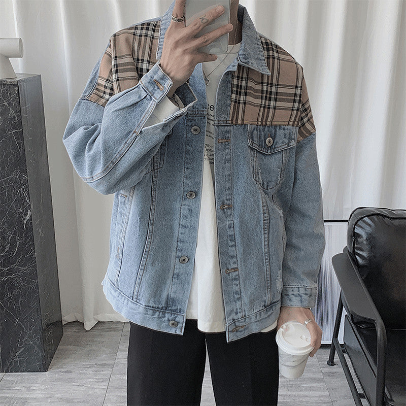 mens outfits Denim Jacket Men's Ins Spring and Autumn Hong Kong Style Korean Style Plaid Stitching Loose Casual Jacket Student Top