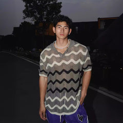 guys clothing styles 2024 Summer New Short-Sleeved Hollow-out Sweater Wave Pattern T-shirt Cool-Feeling Beach Travel Fashion Ins