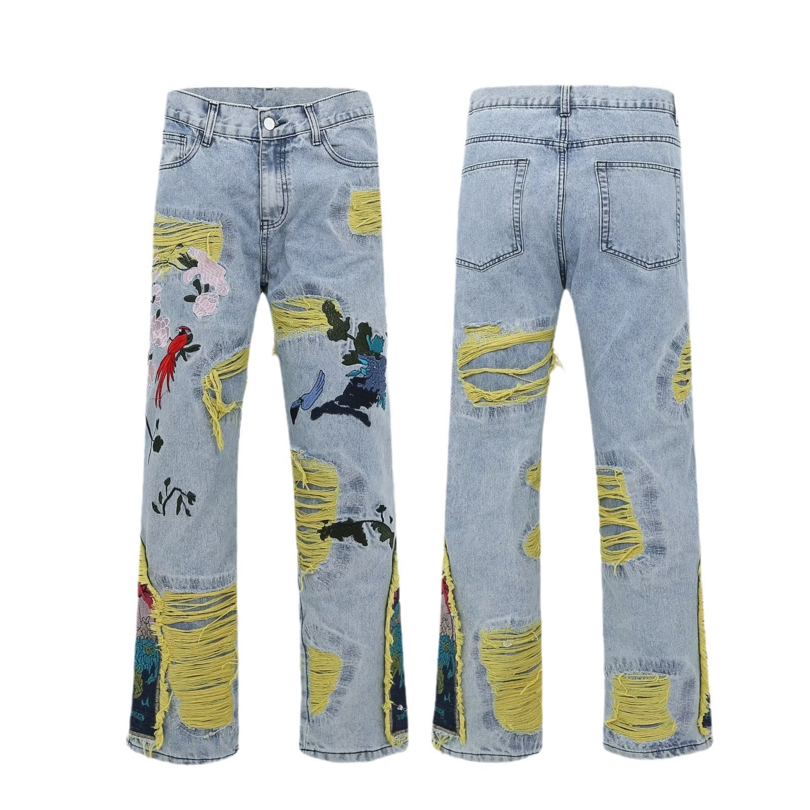 drip outfit men High Street American Contrast Color Patch Bird Plum Embroidery Worn Niche Jeans Men's and Women's Same Loose Trousers