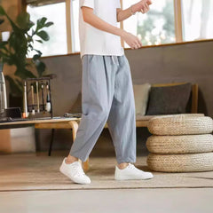 mens fall fashion Summer Casual Pants Men's All-Match Cotton and Linen Loose Linen Pants Korean Style Trendy Cropped Pants Straight Casual Pants