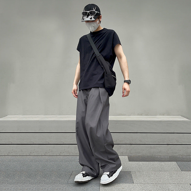 guys clothing styles 2024 Loose Straight Mop Pants Suit Long Pants Men's Trendy Draping Suit Pants Leaf Bold