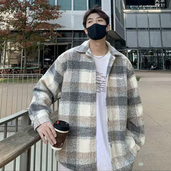 mens outfits 2024 Autumn and Winter New American Retro Contrast Color Plaid Cardigan Coat Men's Lazy Casual Loose Woolen Top