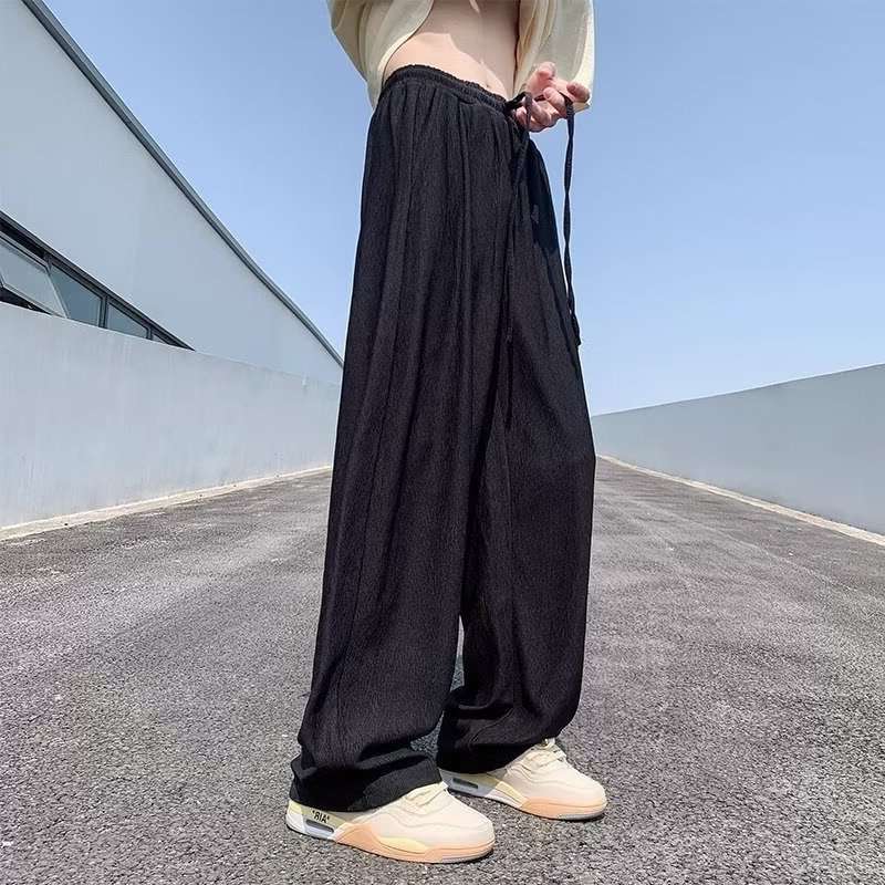 fall mens outfits Ice Silk Pants Men's Summer Thin American High Street Fashion High-Grade Ruffle Handsome Drape Straight Wide-Leg Casual Trousers