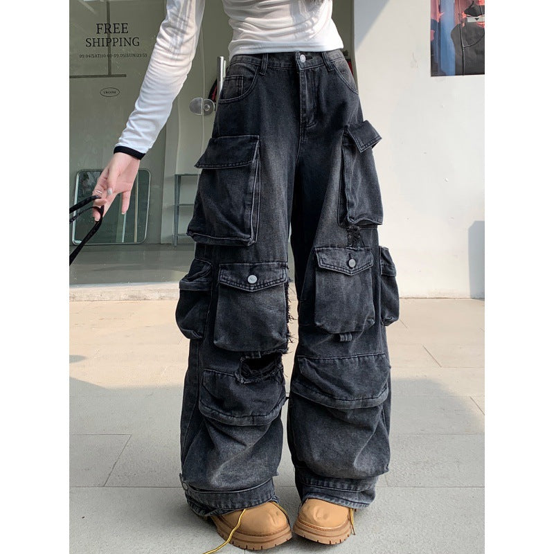 non binary outfits American-Style Washed Worn Multi-Pocket Workwear Jeans Women's Street Straight Loose Wide-Leg Trousers