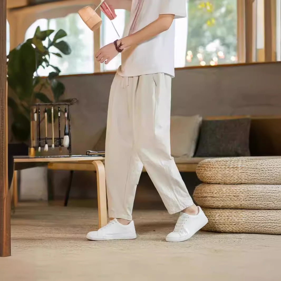 mens fall fashion Summer Casual Pants Men's All-Match Cotton and Linen Loose Linen Pants Korean Style Trendy Cropped Pants Straight Casual Pants