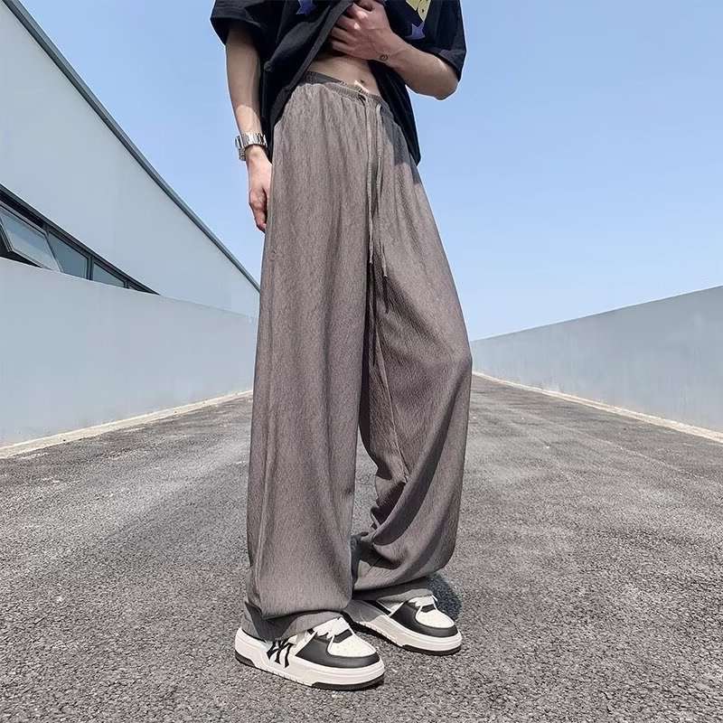 fall mens outfits Ice Silk Pants Men's Summer Thin American High Street Fashion High-Grade Ruffle Handsome Drape Straight Wide-Leg Casual Trousers