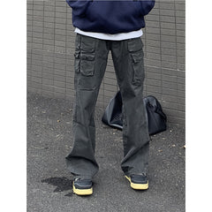 90s fashion 2024 Spring and Autumn Carbon Grinding Washed Three-Dimensional Multi-Pocket Overalls Distressed Skinny Casual All-Matching Trousers Fashion