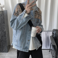 mens outfits Denim Jacket Men's Ins Spring and Autumn Hong Kong Style Korean Style Plaid Stitching Loose Casual Jacket Student Top