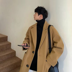 old money outfits men Woolen Overcoat Men's Mid-Length Winter High-Grade High Street Black Woolen Trench Coat Winter Thickened Coat Cotton-Padded Coat Fashion