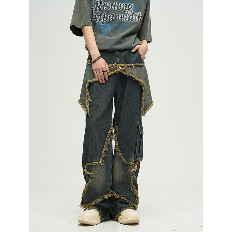 skater boy outfits American-Style Retro Multi-Pocket Star Frayed Jeans Men's and Women's Loose Washed Distressed Wide-Leg Pants Summer