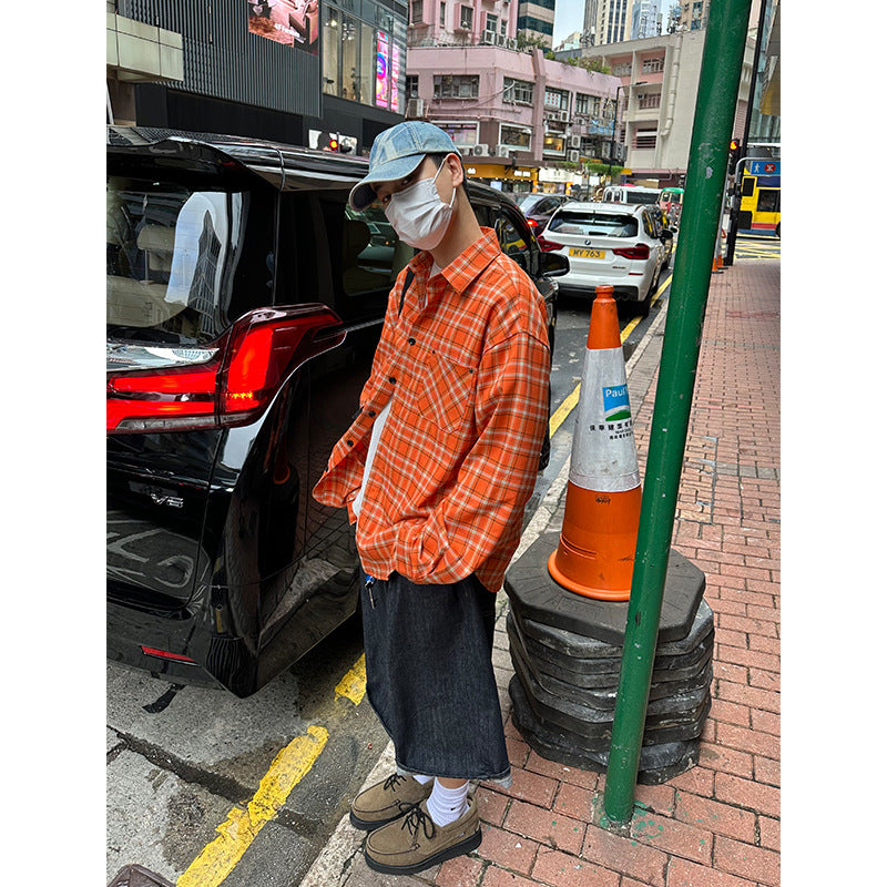 90s streetwear American Retro Plaid Long-Sleeved Shirt Men's Casual Loose Spring and Autumn New Couple Versatile Loose Shirt