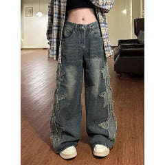 skater boy outfits Washed Old Star Patch Jeans for Women 2024 New Retro Draping Loose Wide Leg Mop Pants