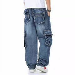 90s fashion men Fat Guy plus Size Fashion Multi-Pocket Wide Jeans plus Size Ins Men's Loose Denim Long Pants