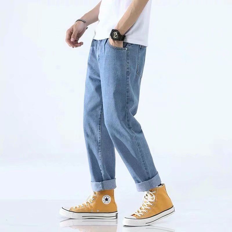 frat boy outfit American Retro Washed Light Blue Skinny Jeans Men's High Street Narrow Slim Slimming High Pants Cleanfit