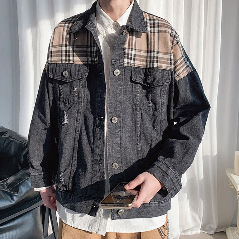 mens outfits Denim Jacket Men's Ins Spring and Autumn Hong Kong Style Korean Style Plaid Stitching Loose Casual Jacket Student Top