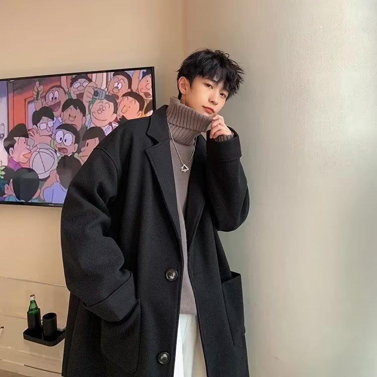 old money outfits men Woolen Overcoat Men's Mid-Length Winter High-Grade High Street Black Woolen Trench Coat Winter Thickened Coat Cotton-Padded Coat Fashion