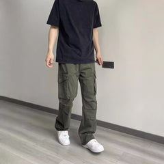 fall outfits men Overalls American Street Retro Button Design Men's Straight Loose Large Pocket Straight Vibe Trousers