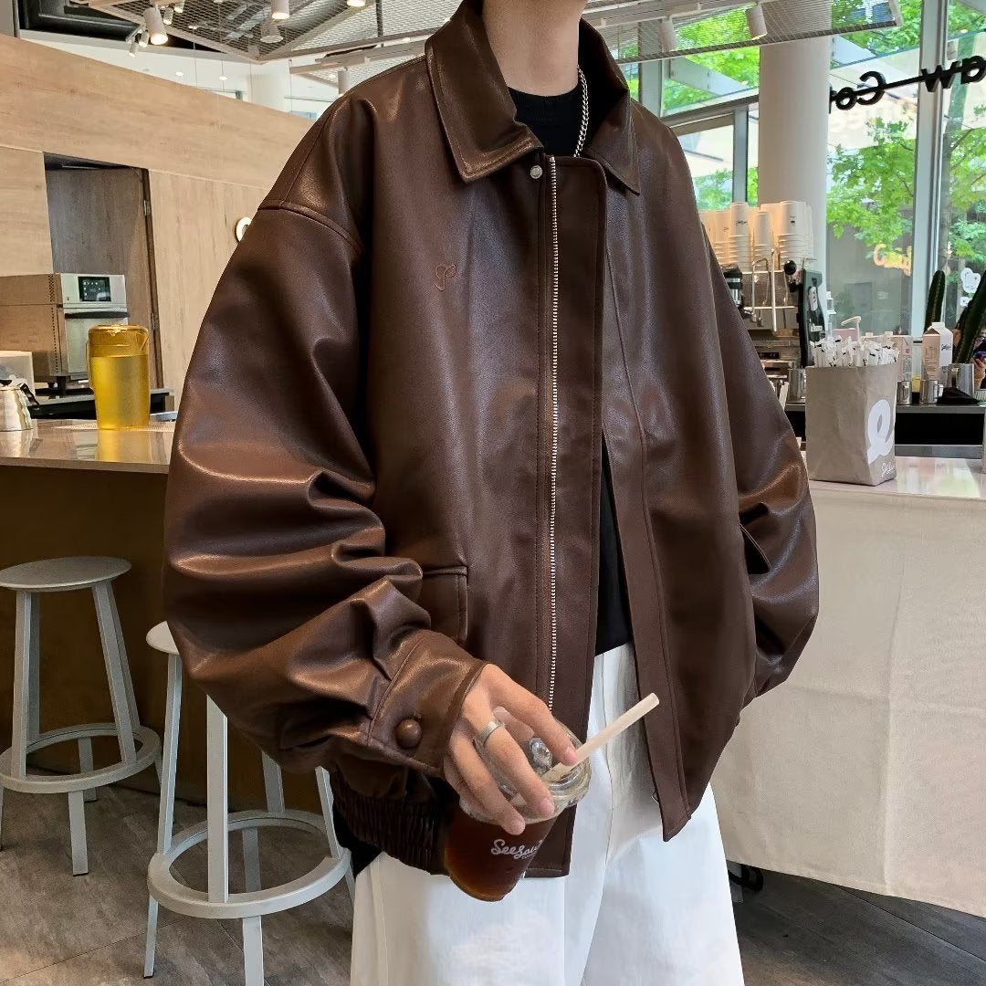 fall outfits men Brown Leather Coat for Men and Women 2024 New Spring and Autumn Motorcycle Clothing Short Brown Retro Maillard Jacket