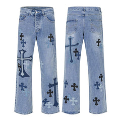 90s streetwear American High Street Original Patch Cross Embroidered Jeans Men's and Women's National Fashion All-Match Slim Slimming Long Pants Fashion