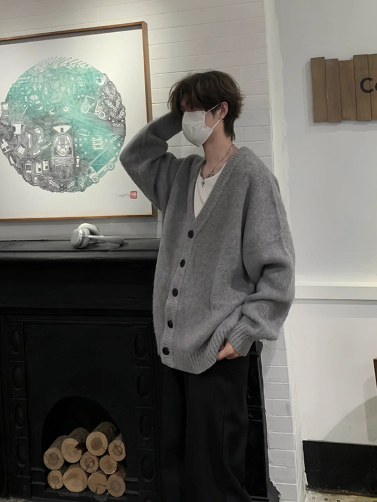 Knitted Cardigan Coat Men's Autumn and Winter Lazy V-neck Sweater Oversize Korean Style Loose Top