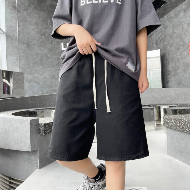 Hearujoy Men's Denim Shorts Summer New Korean Street Loose Straight Leg Wide Leg Shorts Retro Baggy Casual Shorts Black White Blue