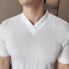 HEARUJOY  -  Men's Slim V-Neck Spring Summer Stretch Knit Top  Geometric Texture, Breathable Layering Base for Casual & Smart-Casual Outfits
