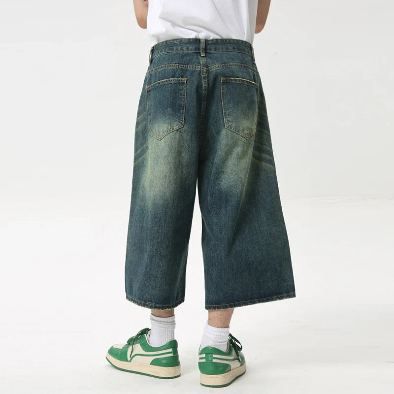 Hearujoy High Street Calf-Length Pants Denim Men's Shorts Straight Zipper Causal Wide Leg Male Trousers Chic Summer 8825