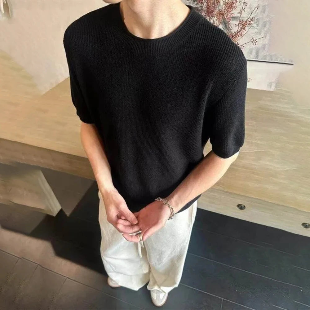 HEARUJOY  -  Summer New Men's Knitted Short-sleeved T-shirt American Fashion Trend Casual Simple Loose Breathable Unisex Men's Tops