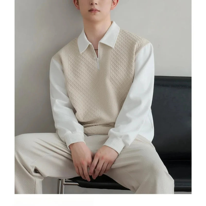 HEARUJOY  -  Trend Fashion Men Polo Shirts Spring Autumn New Lapel Half Zipper Fake Two Pieces Contrast Color Korean Casual Long Sleeve Tops