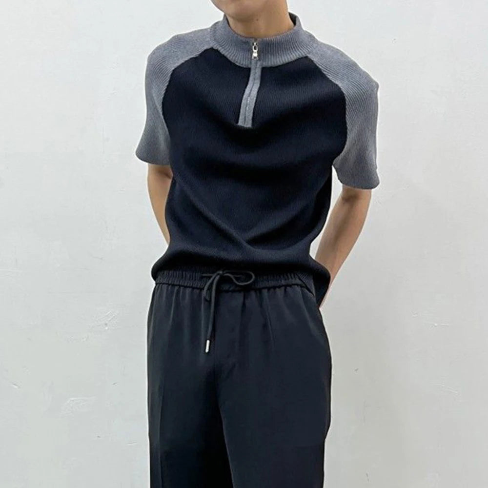 Hearujoy Men's Tshirt New Knitted Short Sleeve Y2k Function Polo Shirts Korean Slim Splice Knitwear 2024 Contrast Fashion Pullovers Tops