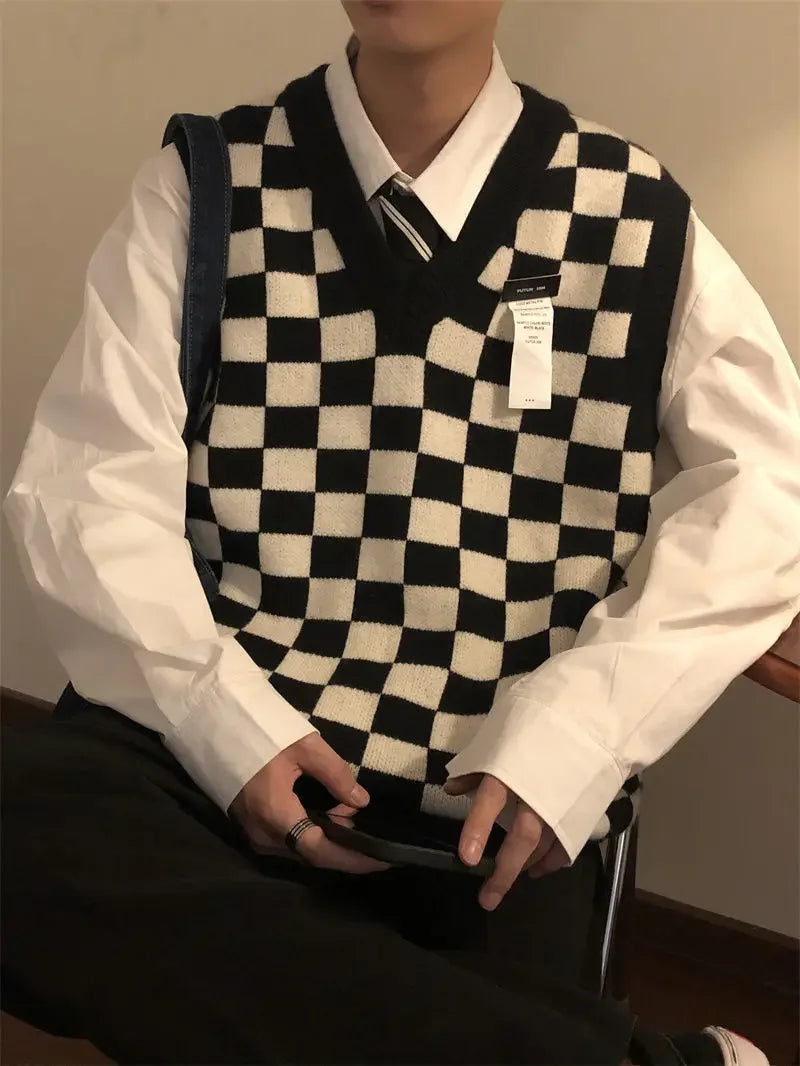 HEARUJOY  -  Waistcoat Plaid Green V Neck Sleeveless Knitted Sweaters for Men Black Man Clothes Vest Ugly Cotton Pull Oversize Sheap T Shirt