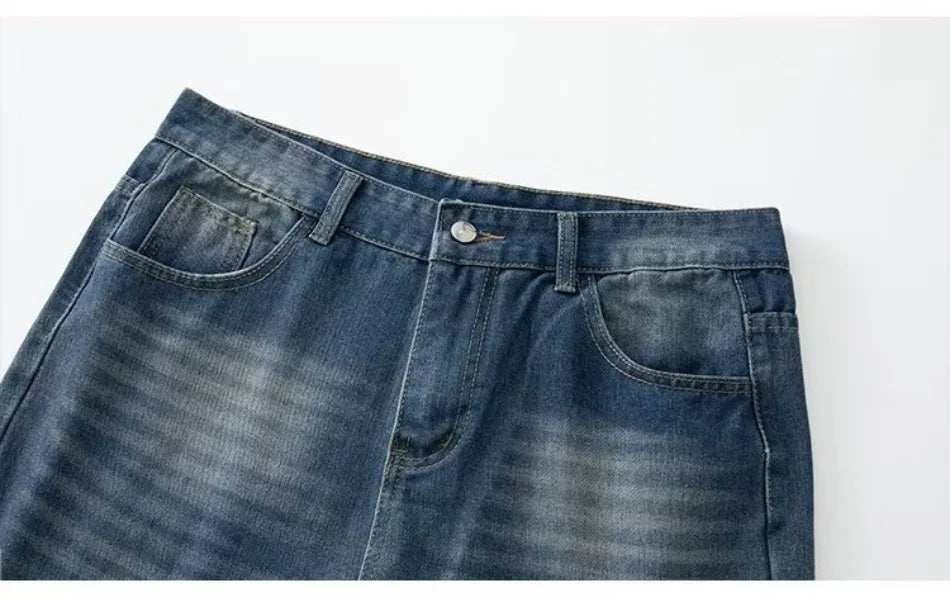HEARUJOY  -  Street American Micro Flared Jeans Mens Petal Embroidery Washed Cowboy Pants Straight Tube Burr Edge Hip Hop Denim Trousers