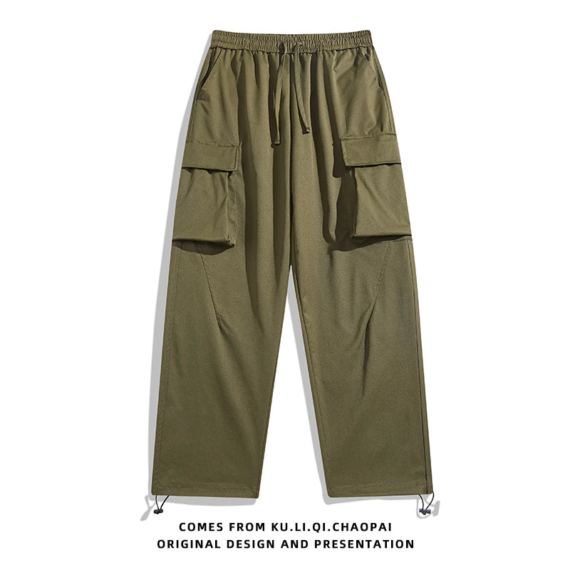 HEARUJOY  -  Men Elastic Waist Solid Color Cargo Pants Multi Pocket Loose Baggy Pants for Women Streetwear Harem Casual Pants하렘 바지