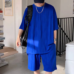 HEARUJOY  -  Summer Set Men Fashion Casual Shorts Short Sleeved T-shirt Sets Men Streetwear Hip-hop Loose Ice Silk Set Mens Pleated Set
