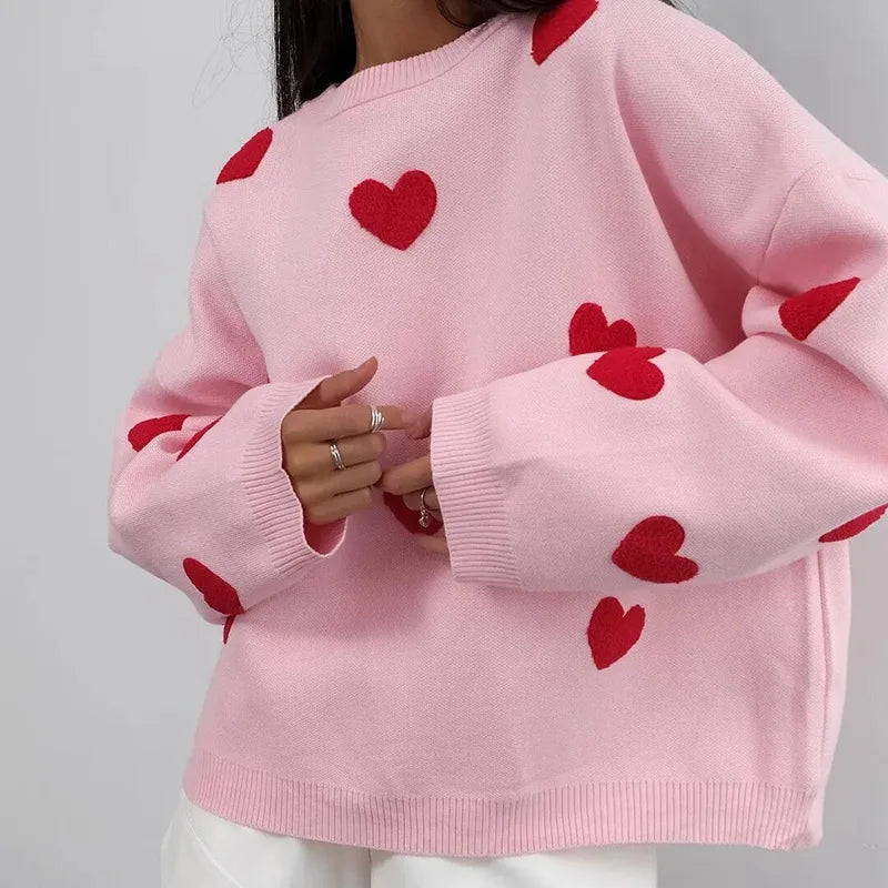 Hearujoy European and American Solid Color Love Round Neck Knitted Sweater Autumn and Winter Women Sweet Cute and Fresh Popular Sweaters