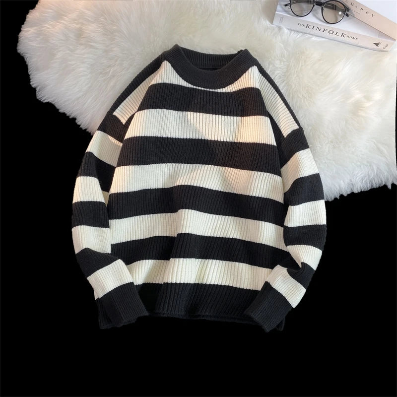 HEARUJOY  -  Men's Winter Sweater Harajuku Fashion Striped Sweter Oversize Pullover Warm Knitted Sweater Men's Clothing