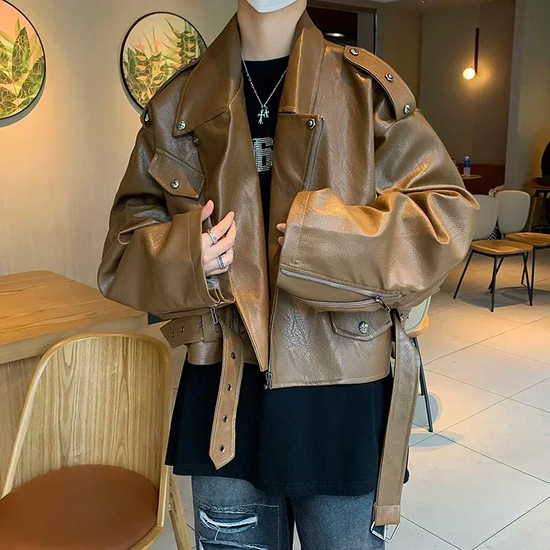 Hearujoy American Brown Rivet Leather Jacket Men's Chinese High Street Design High-end Fashion Handsome Short Motorcycle Jacket Aesthetic