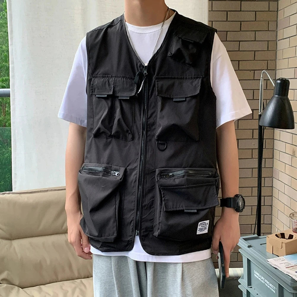 HEARUJOY  -  Beach Holiday Green Men Cargo Vest Multi-pocket Sleeveless Vest Loose Fit Waistcoat Good For Vacation Polyester Fabric