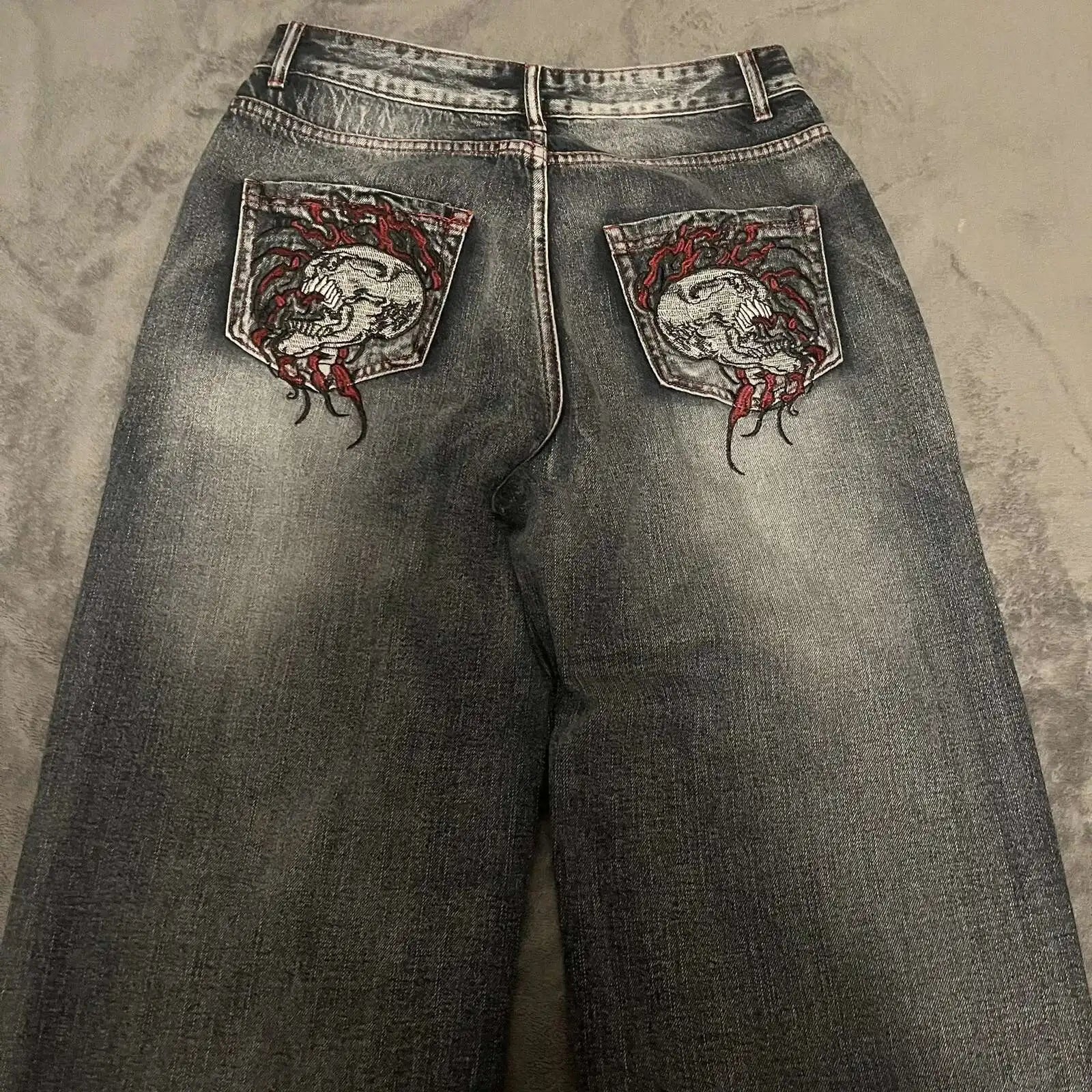 Hearujoy Y2K Gothic Skull Embroidered Baggy Jeans for Men Harajuku Women High Waist Wide Leg Straight Pants Punk Grunge Trendy Streetwear