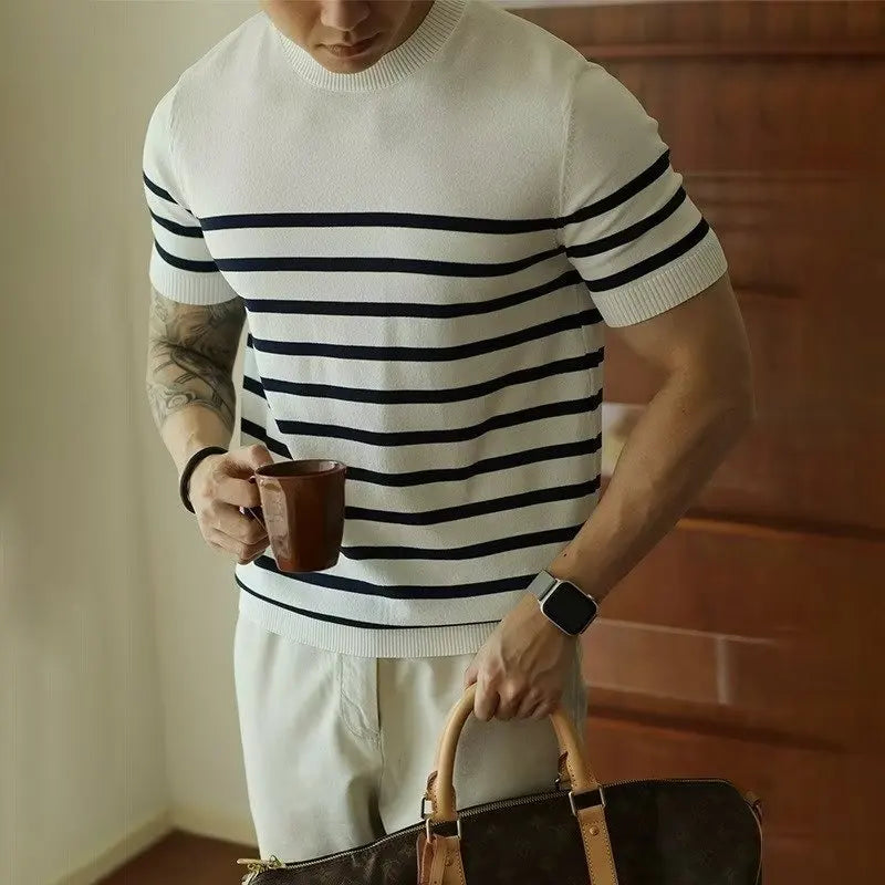 HEARUJOY  -  Summer Men's Fashion Casual Knitwear Versatile Top Striped Knitted Short Sleeved T-shirt Slim Fit O-Neck Retro Ice Silk Tee