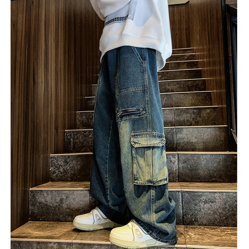 Hearujoy New Streetwear Patchwork  Jeans Cargo Pants Loose Plus Size Wide Leg Pants Harajuku Casual Denim Pants Men Clothing Y2K