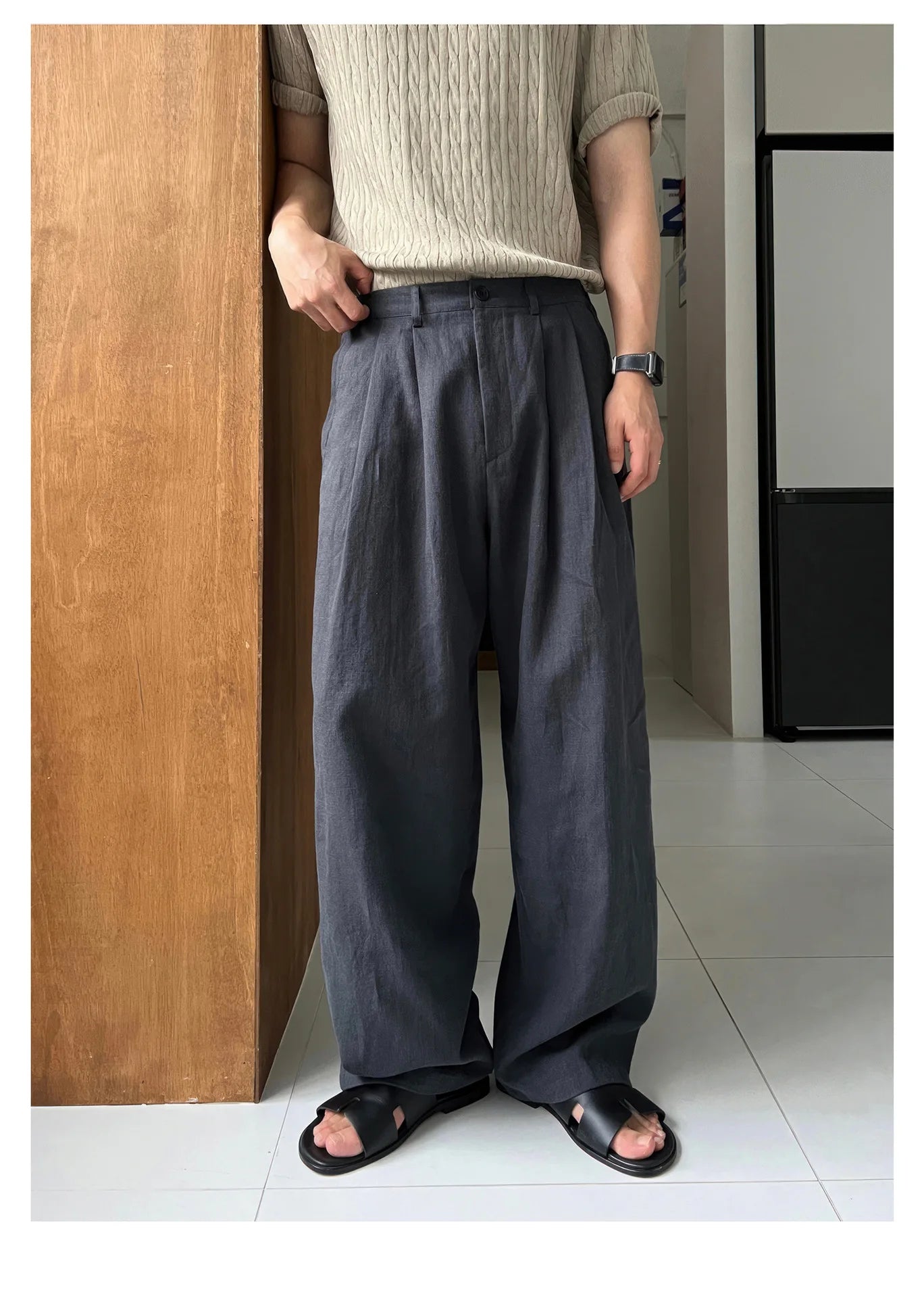 HEARUJOY  -  Men's Korean Light Luxury Draped Linen Wide Leg Pants Leisure Button-down Solid Color Straight Premium Elegant Sweatpants M-3XL